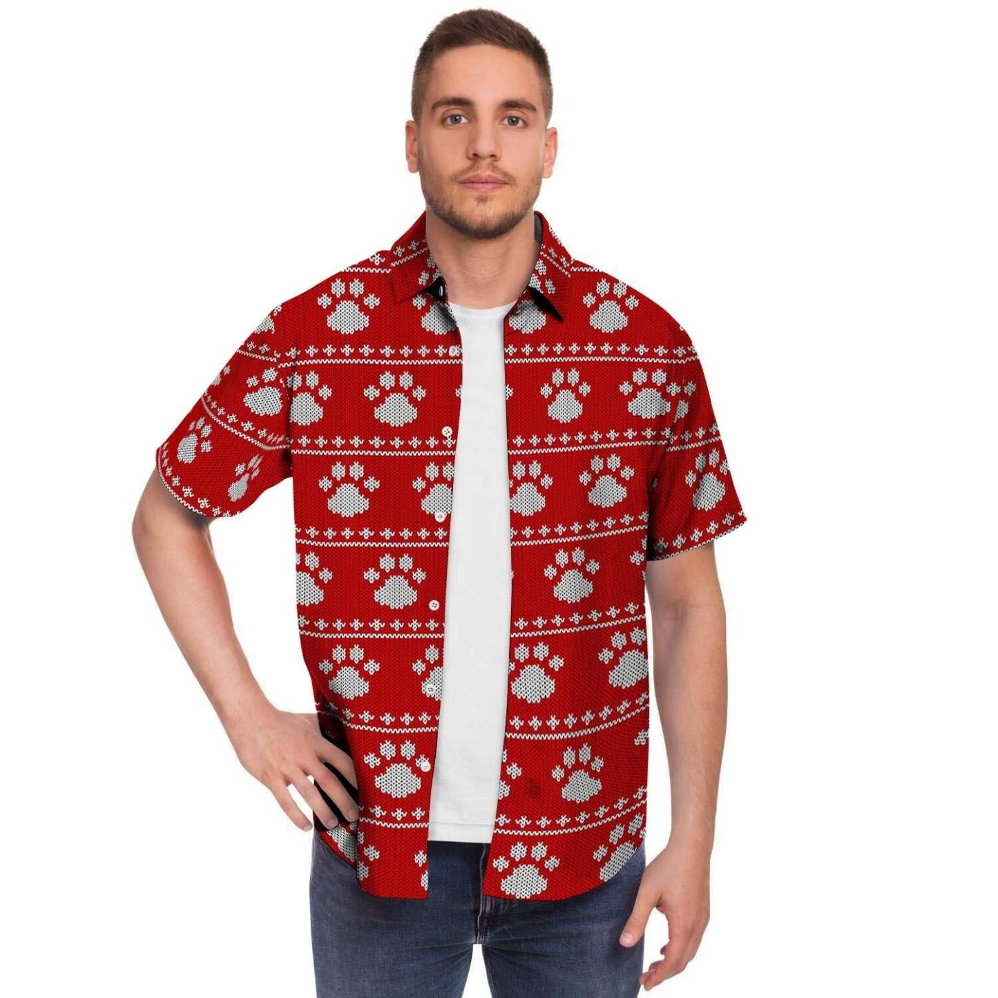Ugly Christmas Paw Men Print Short Sleeve Button-Up Shirts