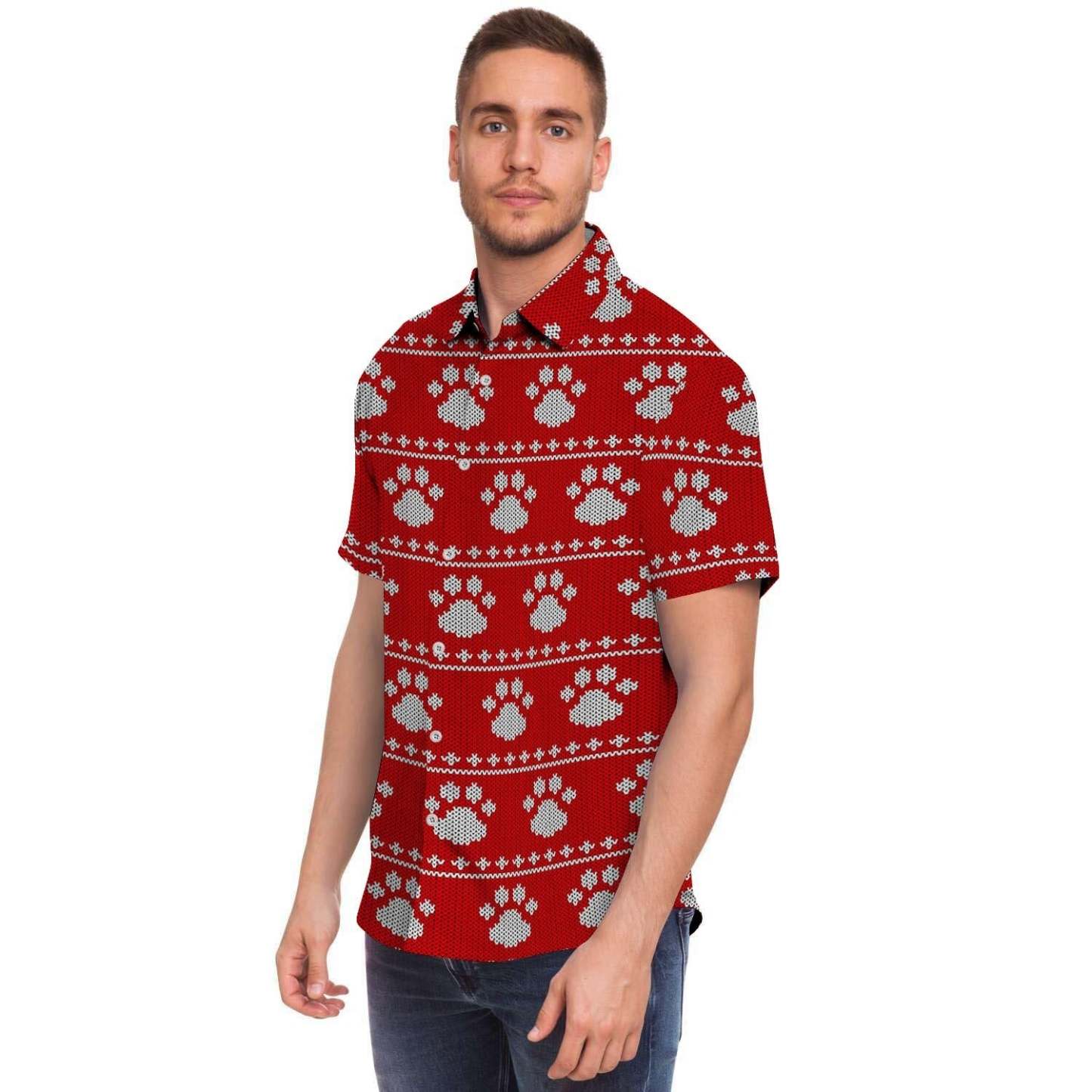 Ugly Christmas Paw Men Print Short Sleeve Button-Up Shirts