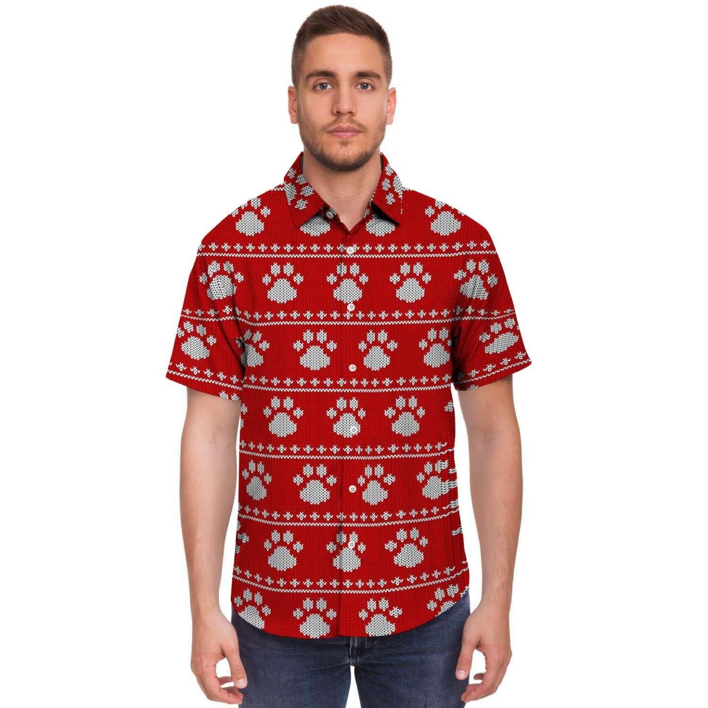 Ugly Christmas Paw Men Print Short Sleeve Button-Up Shirts