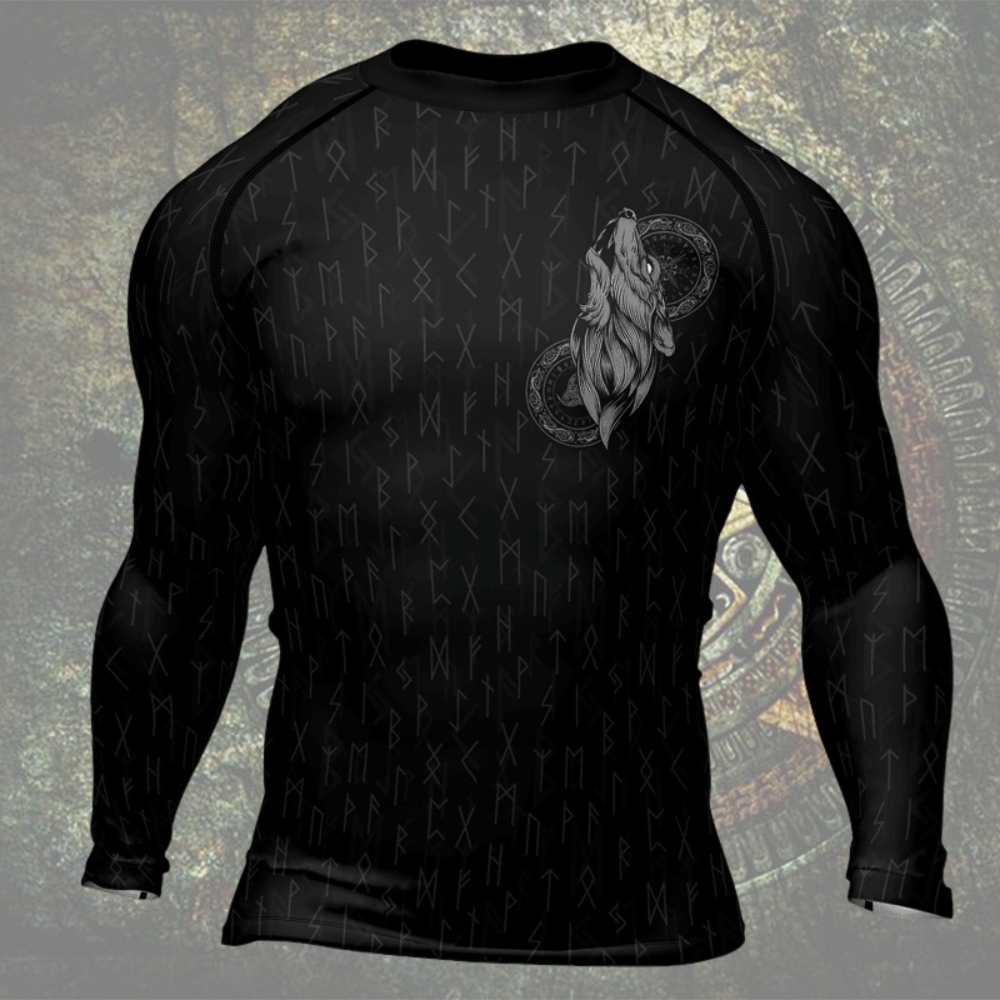 Viking Wolf Pattern Fenrir Mens Long Sleeve Compression Shirt