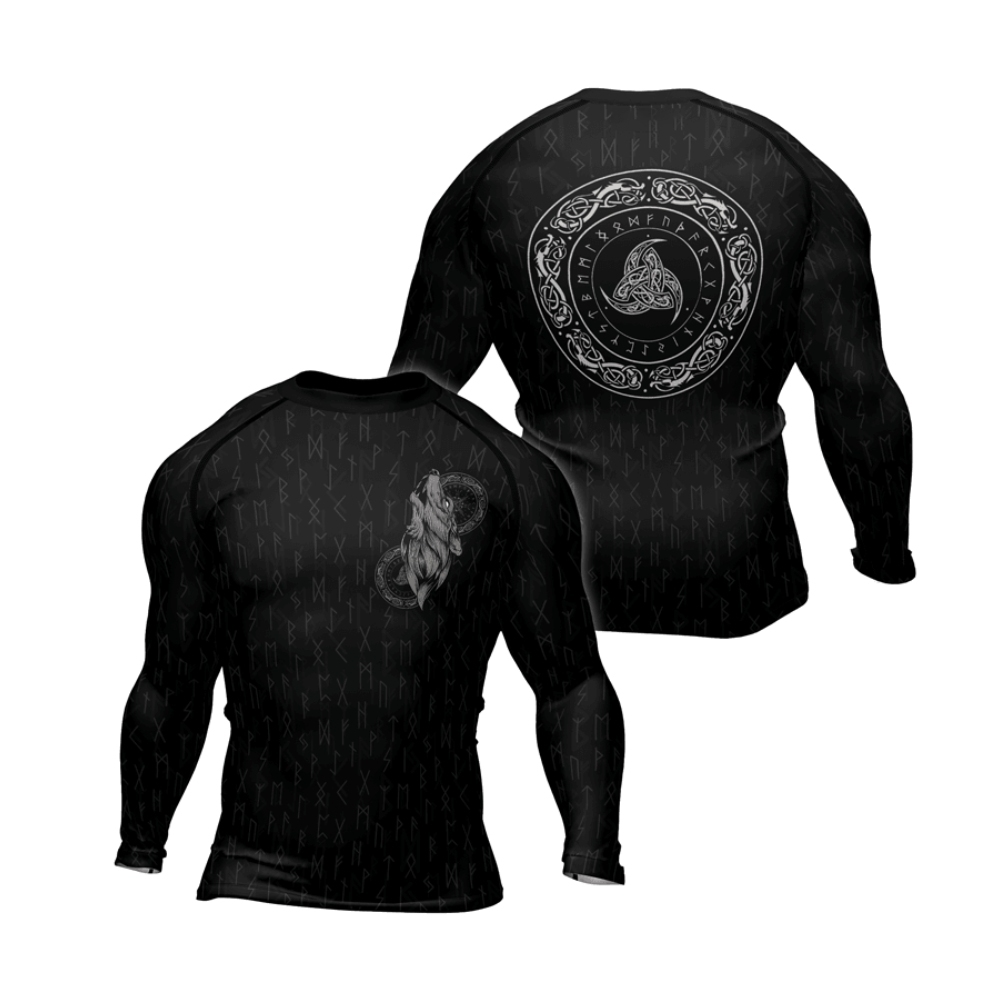 Viking Wolf Pattern Fenrir Mens Long Sleeve Compression Shirt