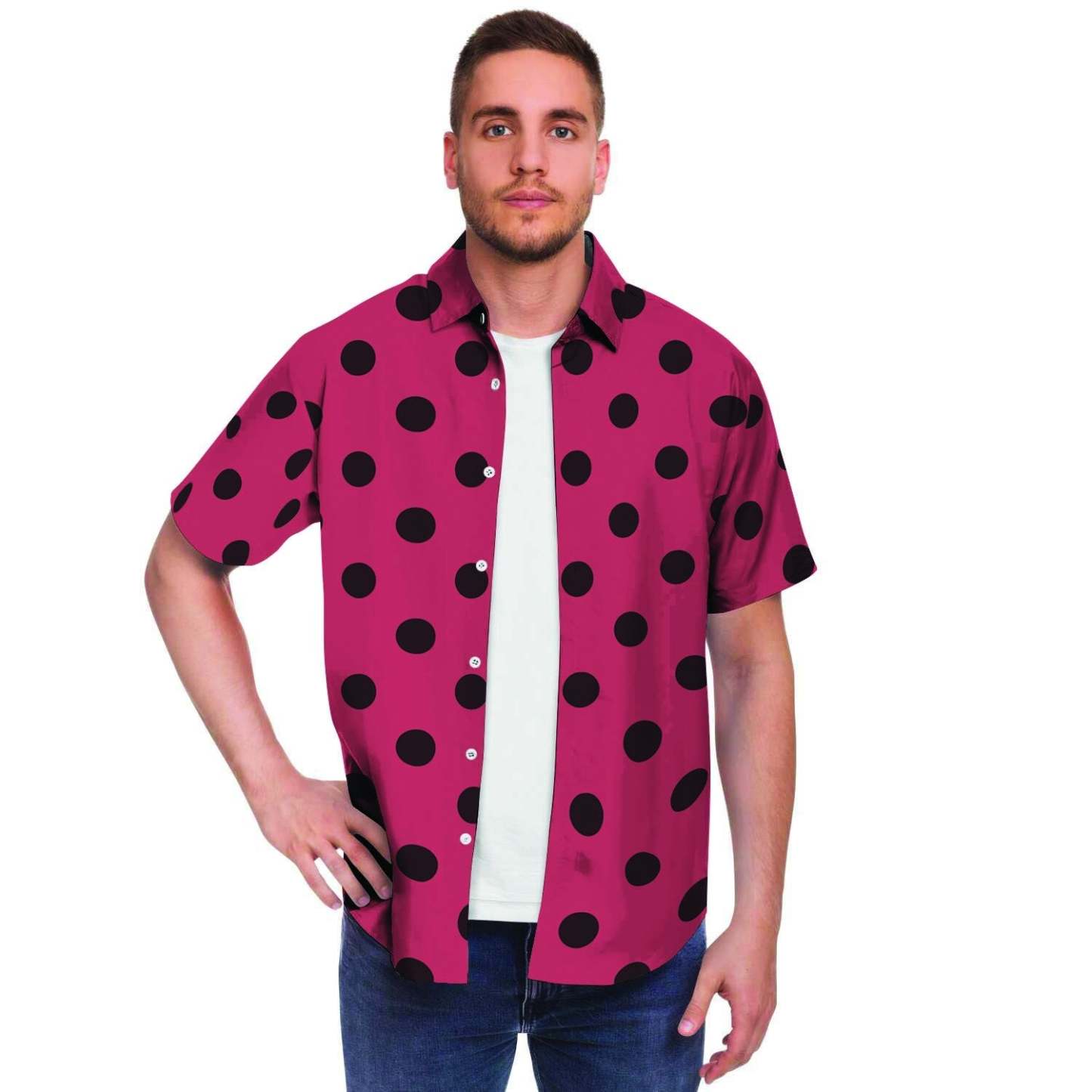 Vintage Pink And Black Polka Dot Men Print Short Sleeve Button-Up Shirts