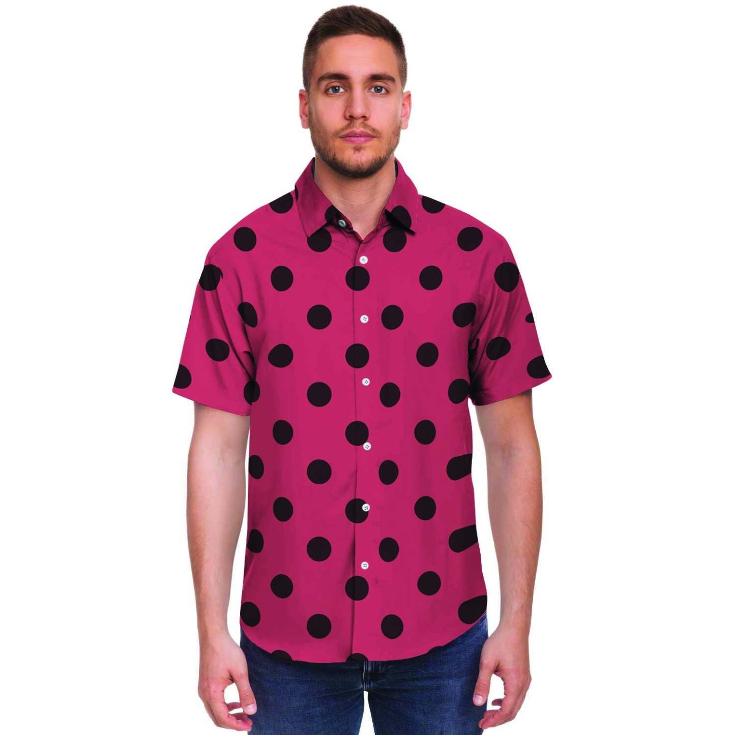 Vintage Pink And Black Polka Dot Men Print Short Sleeve Button-Up Shirts