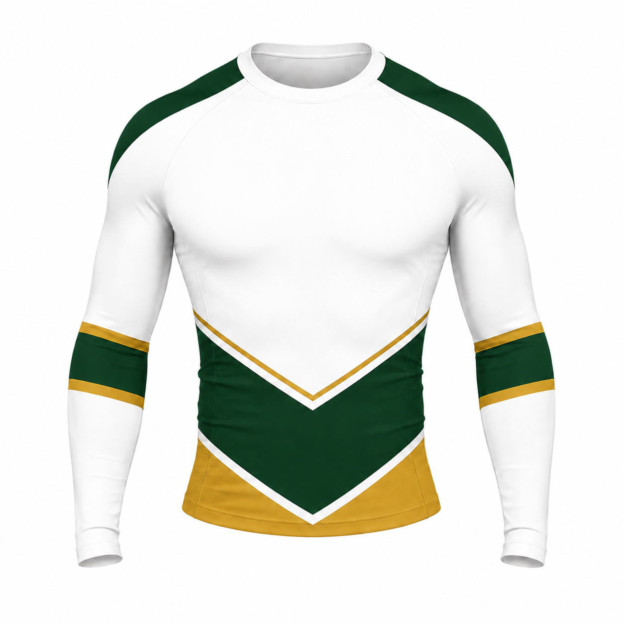White Forest Green Gold Double Chevron Customizable Long Sleeve Compression Shirt front customization preview