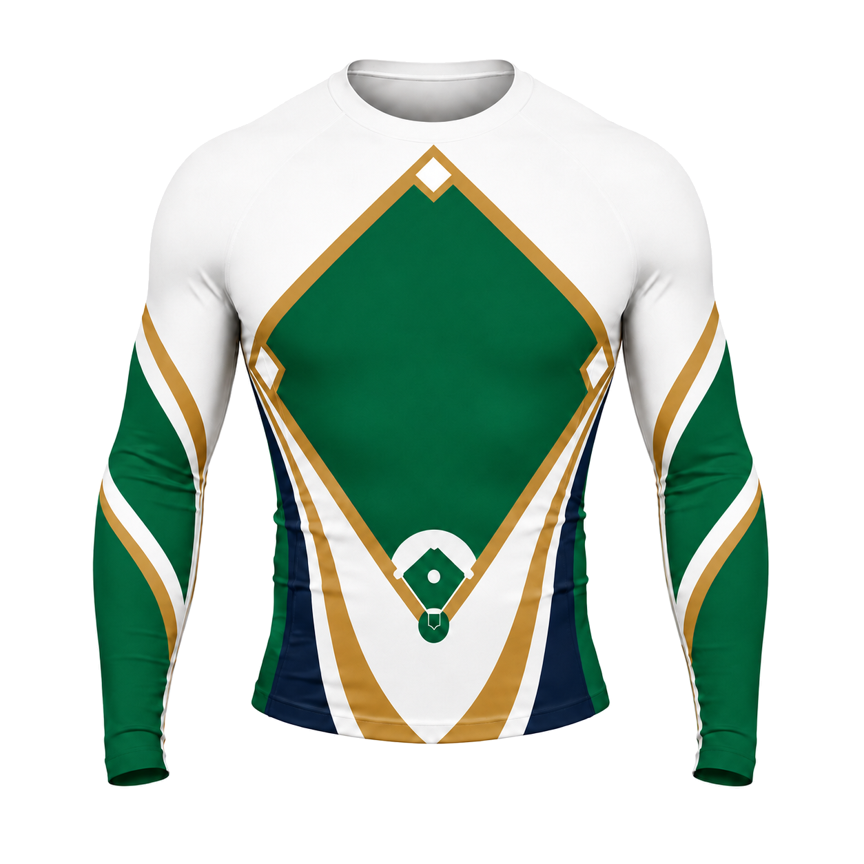 White Green Gold Baseball Diamond Panel Customizable Long Sleeve Compression Shirt front customization preview