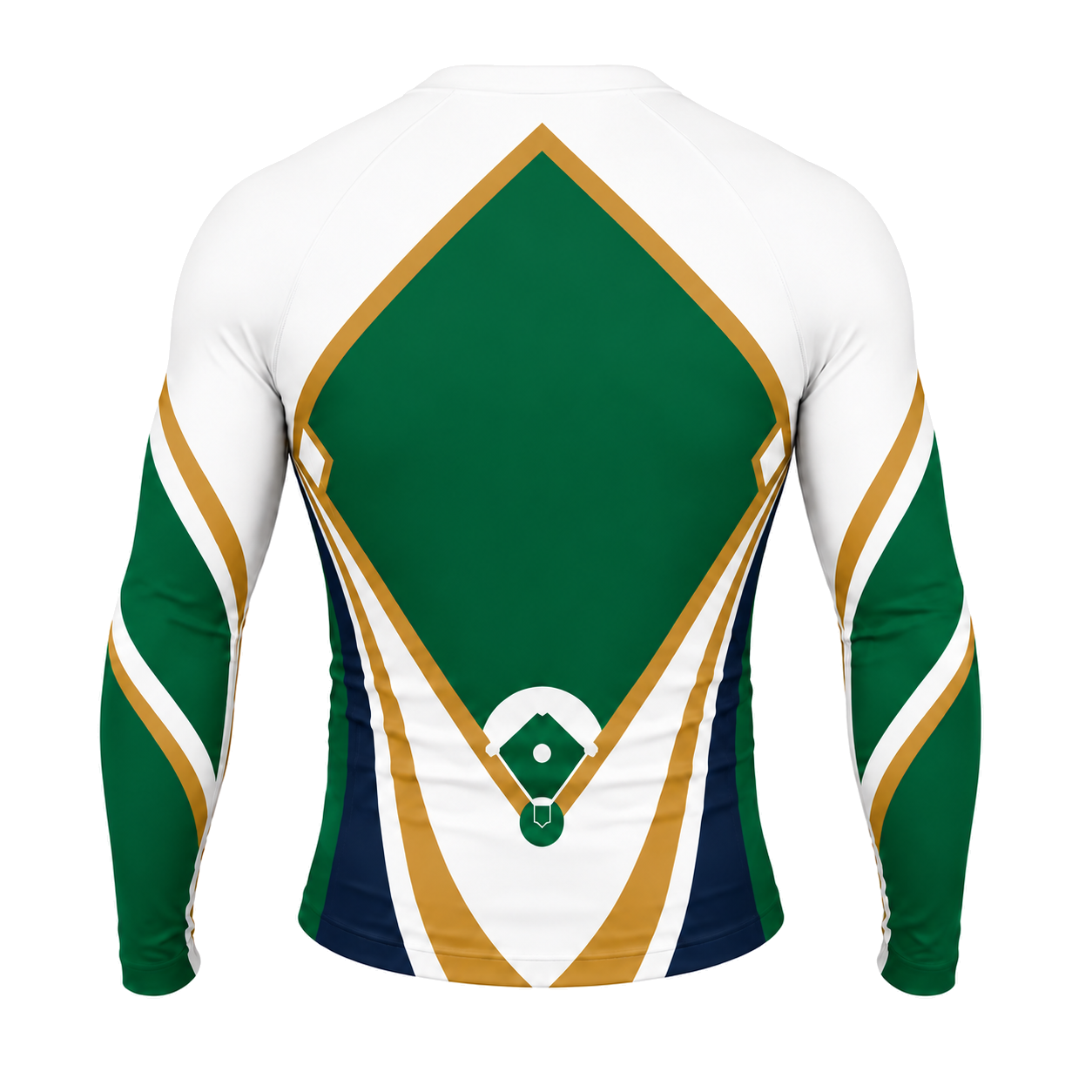 White Green Gold Baseball Diamond Panel Customizable Long Sleeve Compression Shirt back customization preview