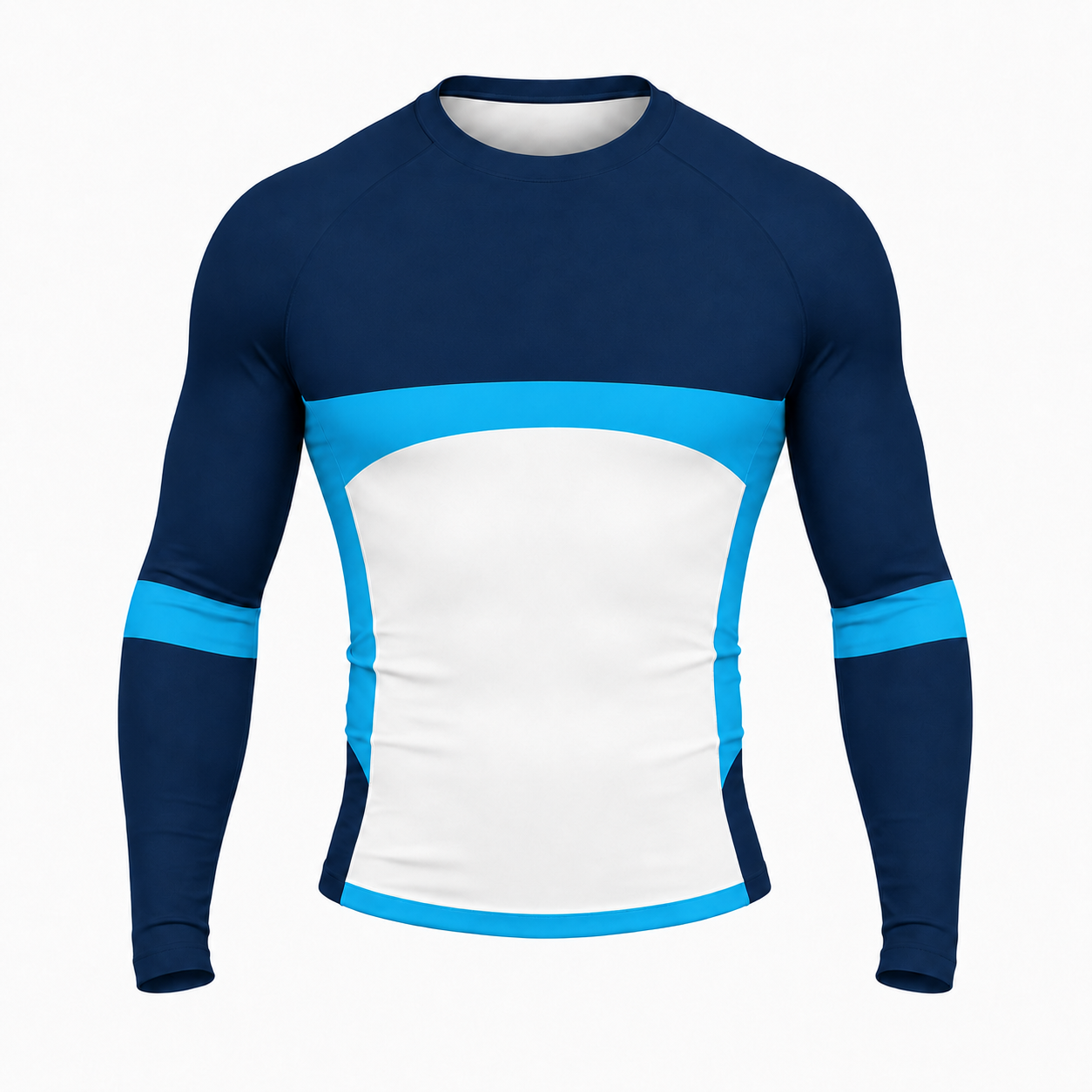 White Navy Cyan Side Curve Customizable Long Sleeve Compression Shirt front customization preview