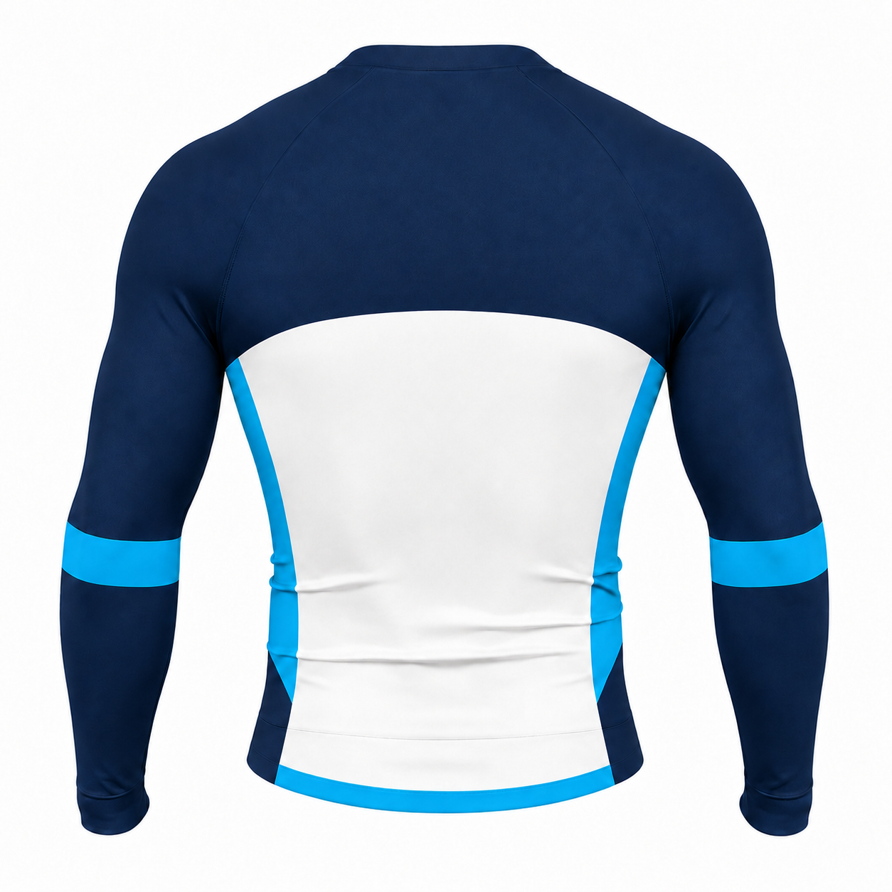 White Navy Cyan Side Curve Customizable Long Sleeve Compression Shirt back customization preview