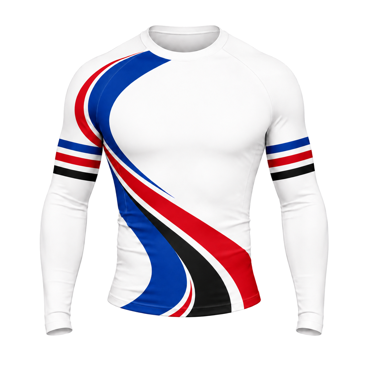 White Navy Red Sweeping Stripe Customizable Long Sleeve Compression Shirt front customization preview