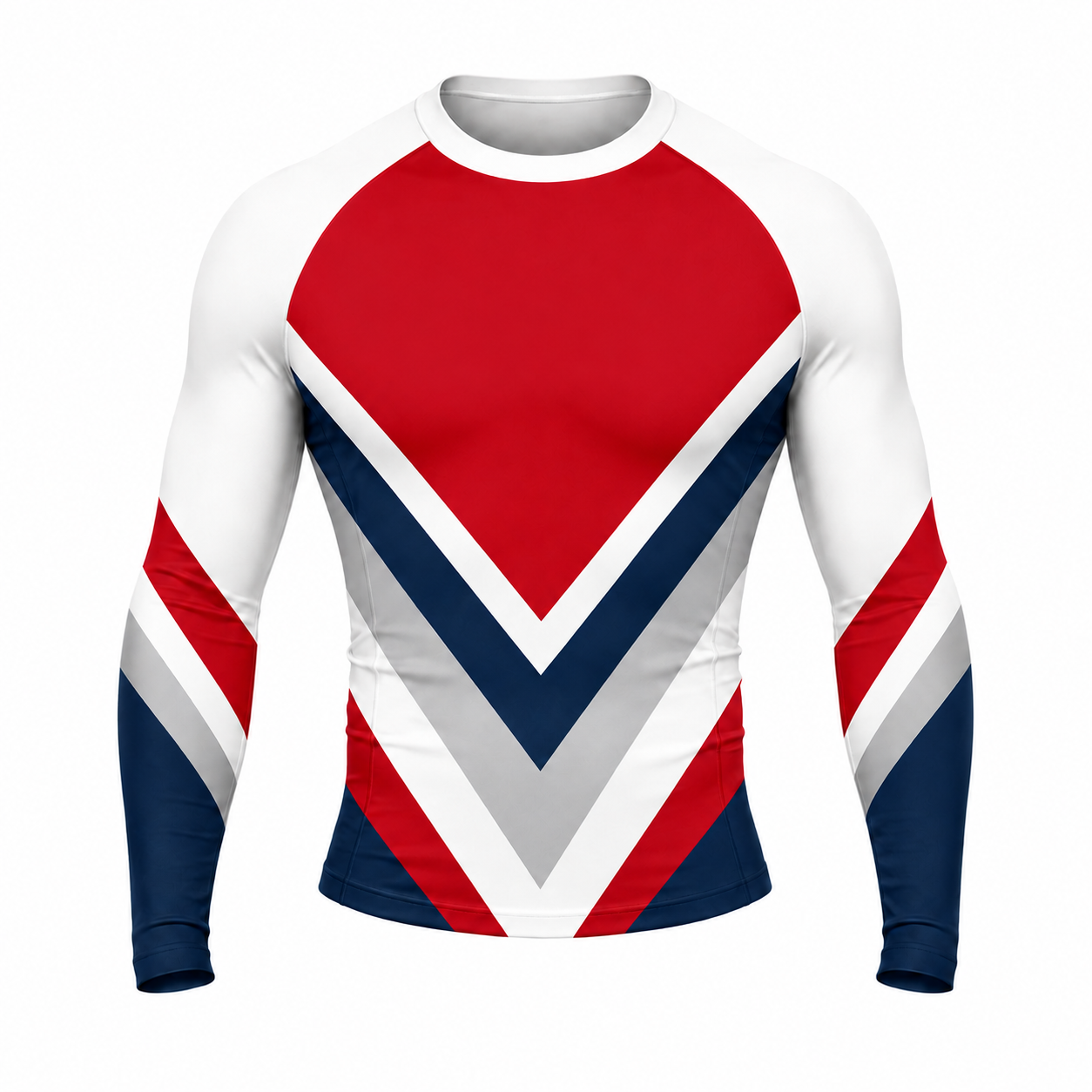 White Red Navy Triple Chevron Customizable Long Sleeve Compression Shirt front customization preview