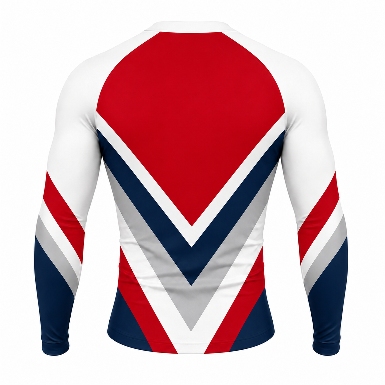 White Red Navy Triple Chevron Customizable Long Sleeve Compression Shirt back customization preview