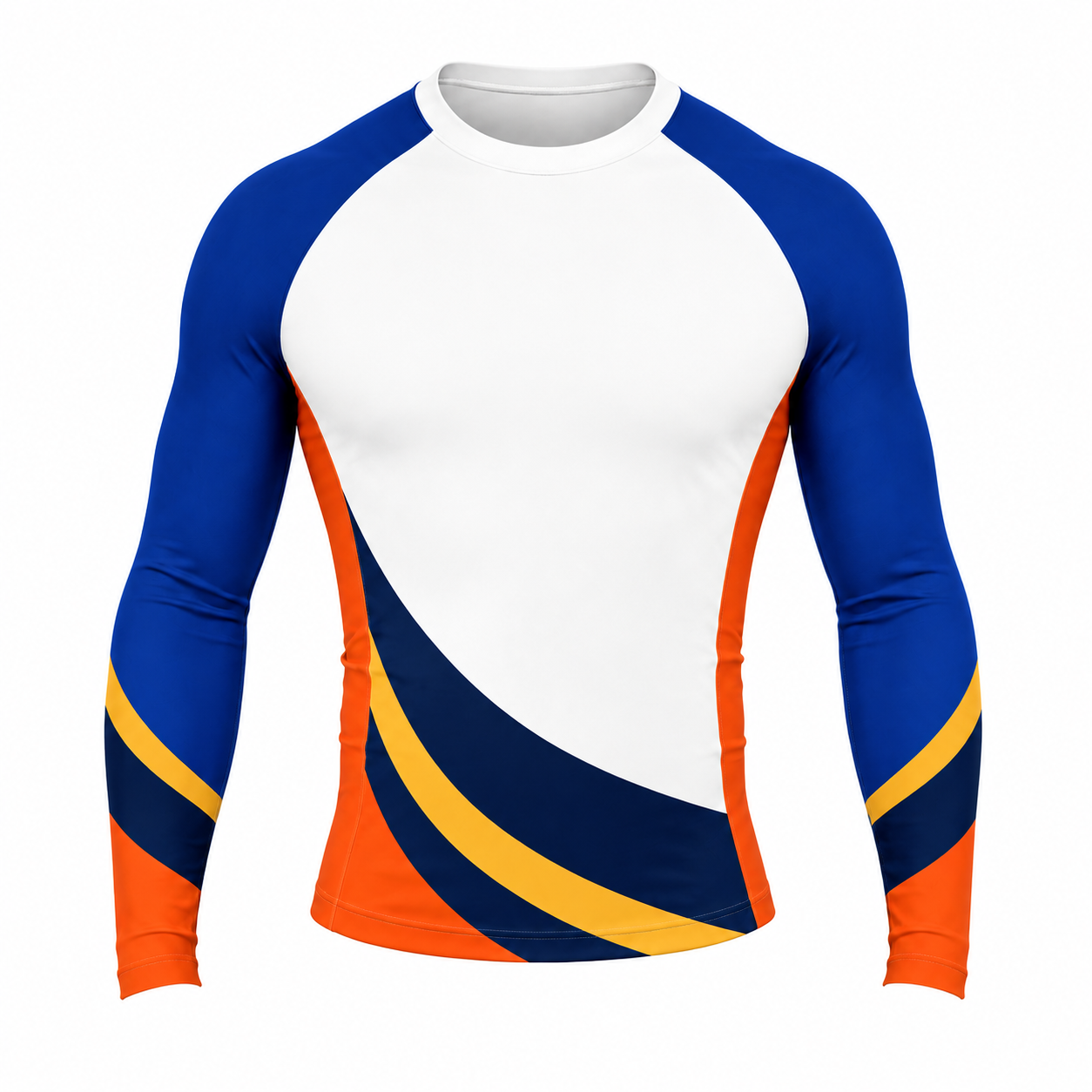 White Royal Blue Orange Gold Sweeping Panels Customizable Long Sleeve Compression Shirt front customization preview