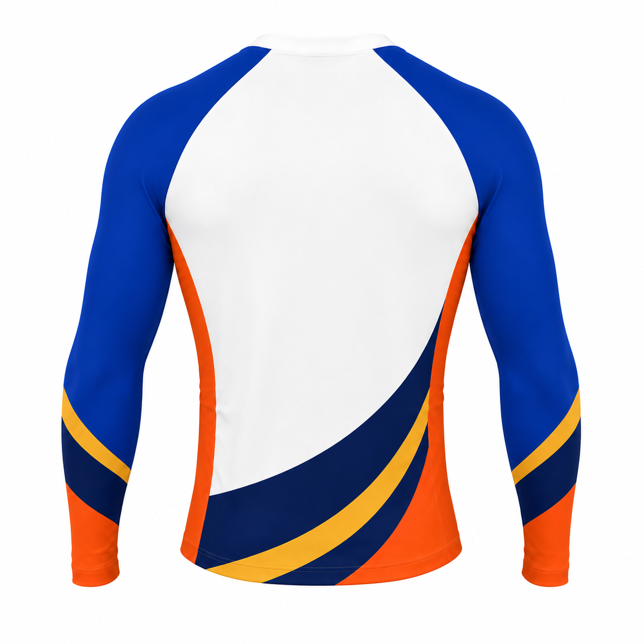 White Royal Blue Orange Gold Sweeping Panels Customizable Long Sleeve Compression Shirt back customization preview