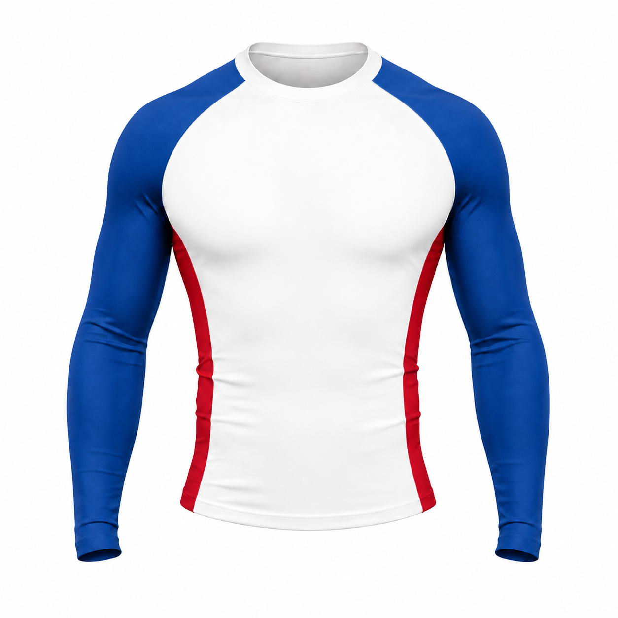 White Royal Blue Red Side Piping Customizable Long Sleeve Compression Shirt front customization preview