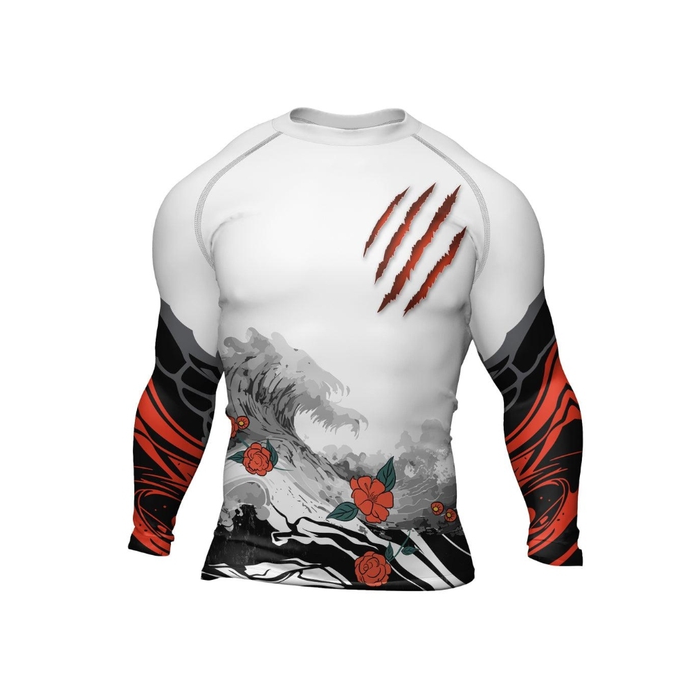 Wild Tiger Forest Red Mens Long Sleeve Compression Shirt