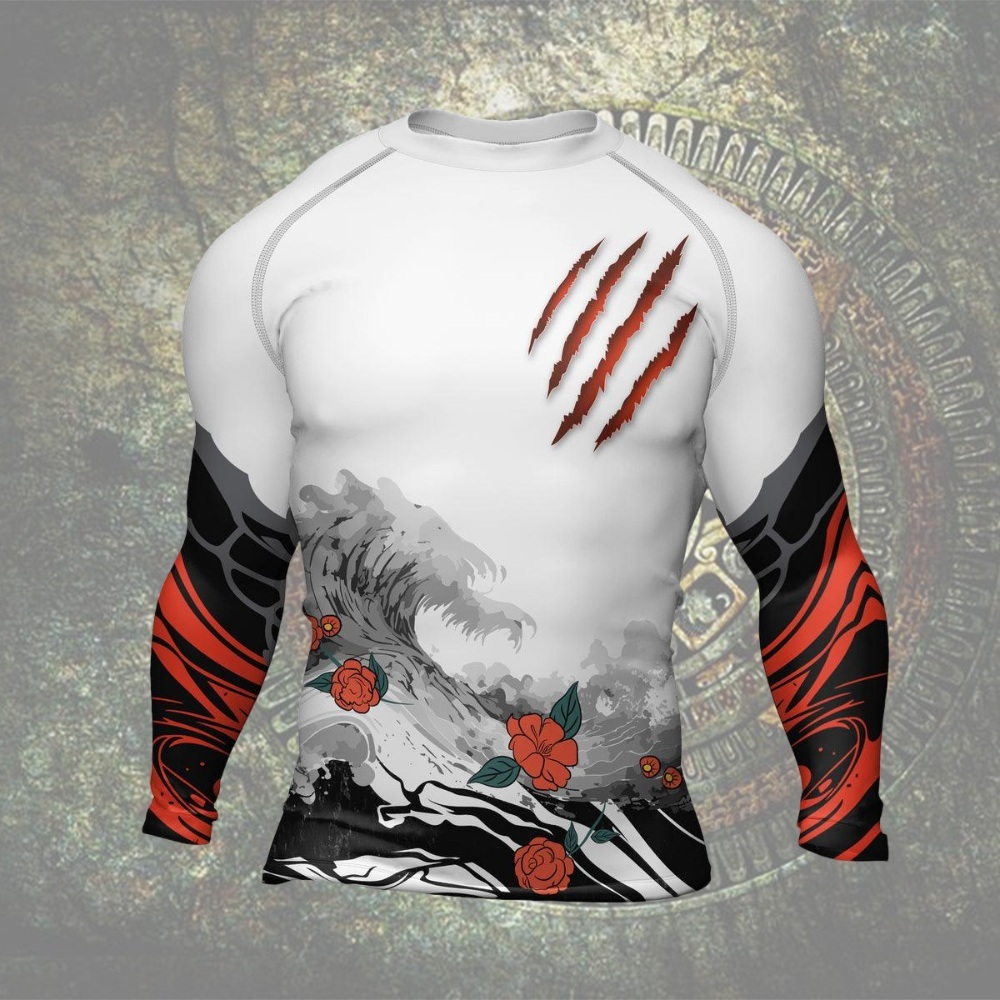 Wild Tiger Forest Red Mens Long Sleeve Compression Shirt
