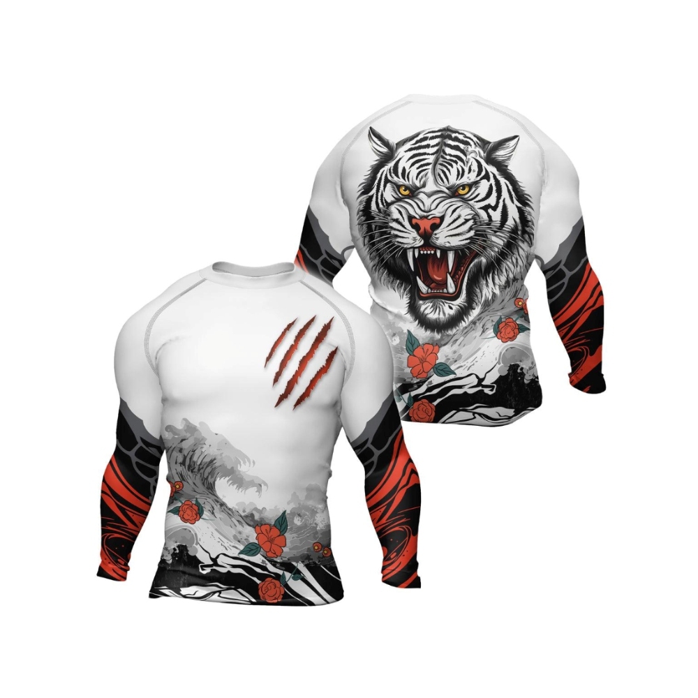 Wild Tiger Forest Red Mens Long Sleeve Compression Shirt