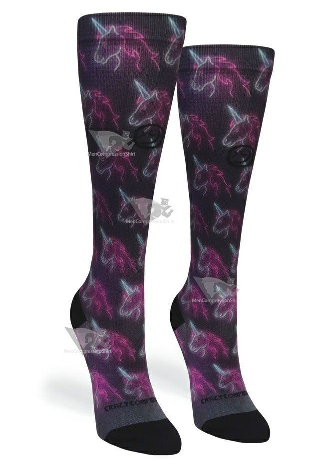 Women Compression Socks Black Neon Unicorns