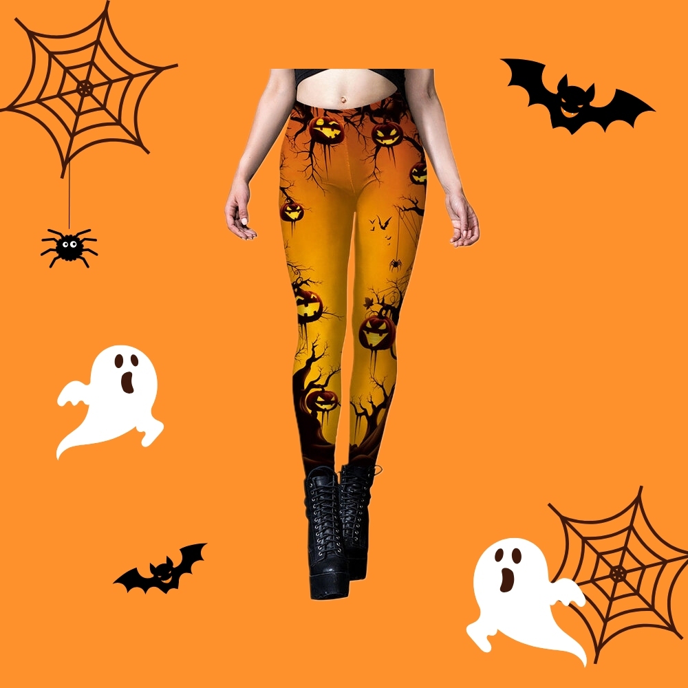 Women High Waist Gothic Pumpkin Print Skinny Compression Legging