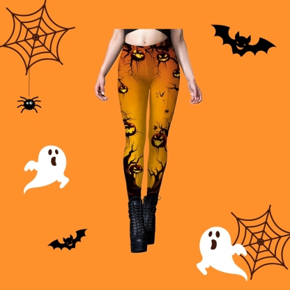 Women High Waist Gothic Pumpkin Print Skinny Compression Legging