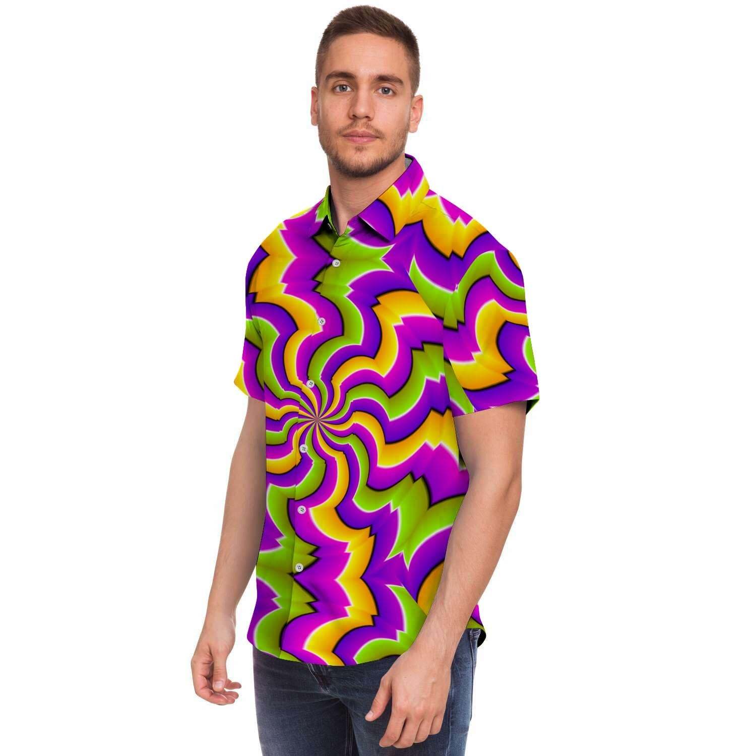 Zigzag Psychedelic Optical Illusion Men Print Short Sleeve Button-Up Shirts
