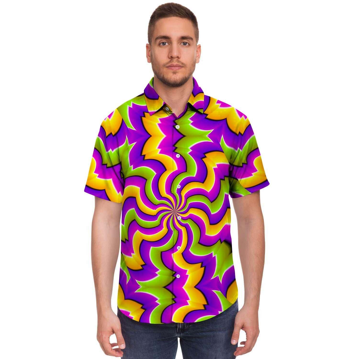 Zigzag Psychedelic Optical Illusion Men Print Short Sleeve Button-Up Shirts