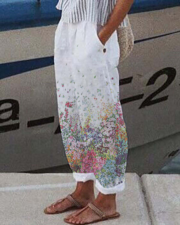 Casual Loosen Linen & cotton Pockets Floral Pants