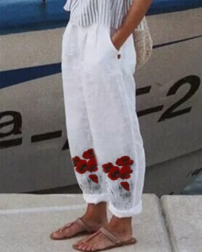 Casual Loosen Linen & cotton Pockets Floral Pants