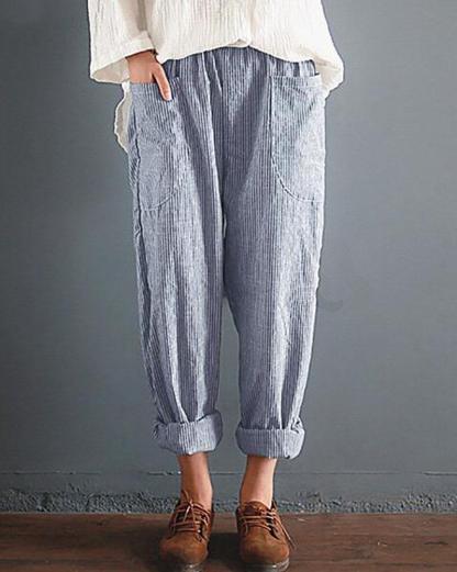 Casual Striped Pockets Cotton Linen Pants