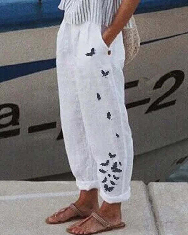 Casual Loosen Linen & cotton Pockets Floral Pants