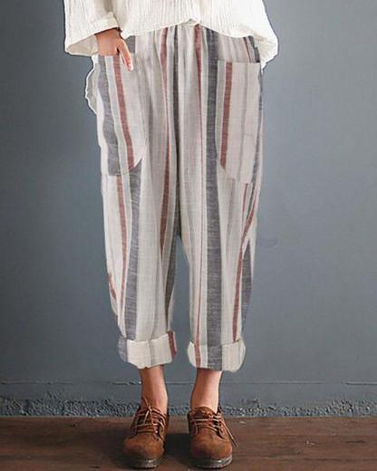 Casual Striped Pockets Cotton Linen Pants