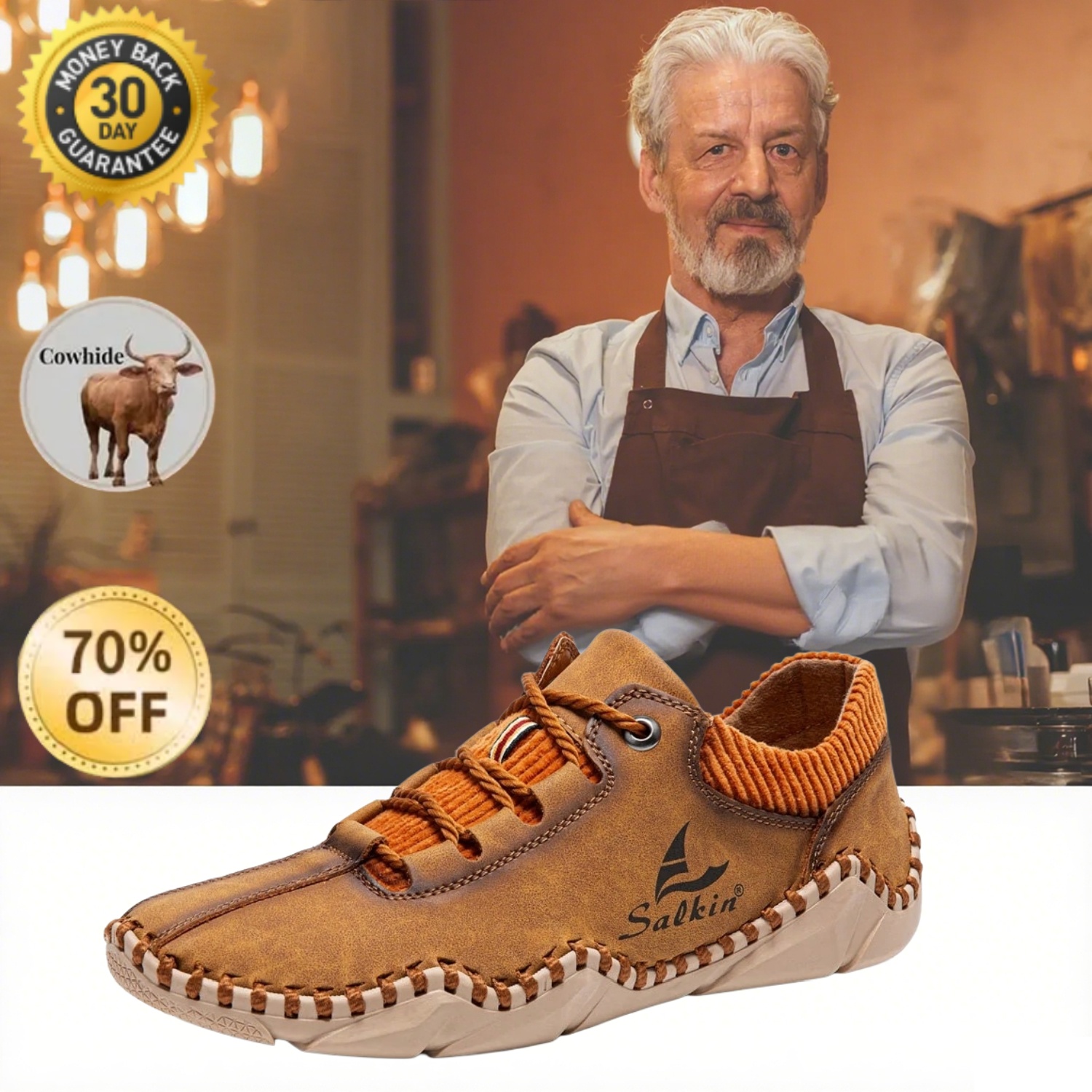 [Last Day 70% Off - Don't Miss Out] 🔥 Men's Calfskin Walking Shoes 👞 Hand-sewn ✅ Arch Support - Pain Relief for Comfortable Walking