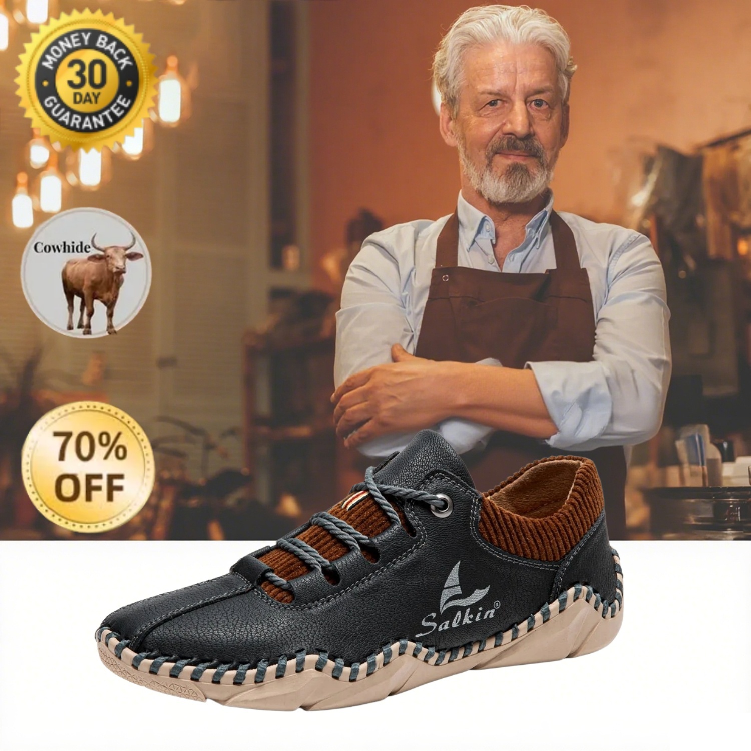 [Last Day 70% Off - Don't Miss Out] 🔥 Men's Calfskin Walking Shoes 👞 Hand-sewn ✅ Arch Support - Pain Relief for Comfortable Walking