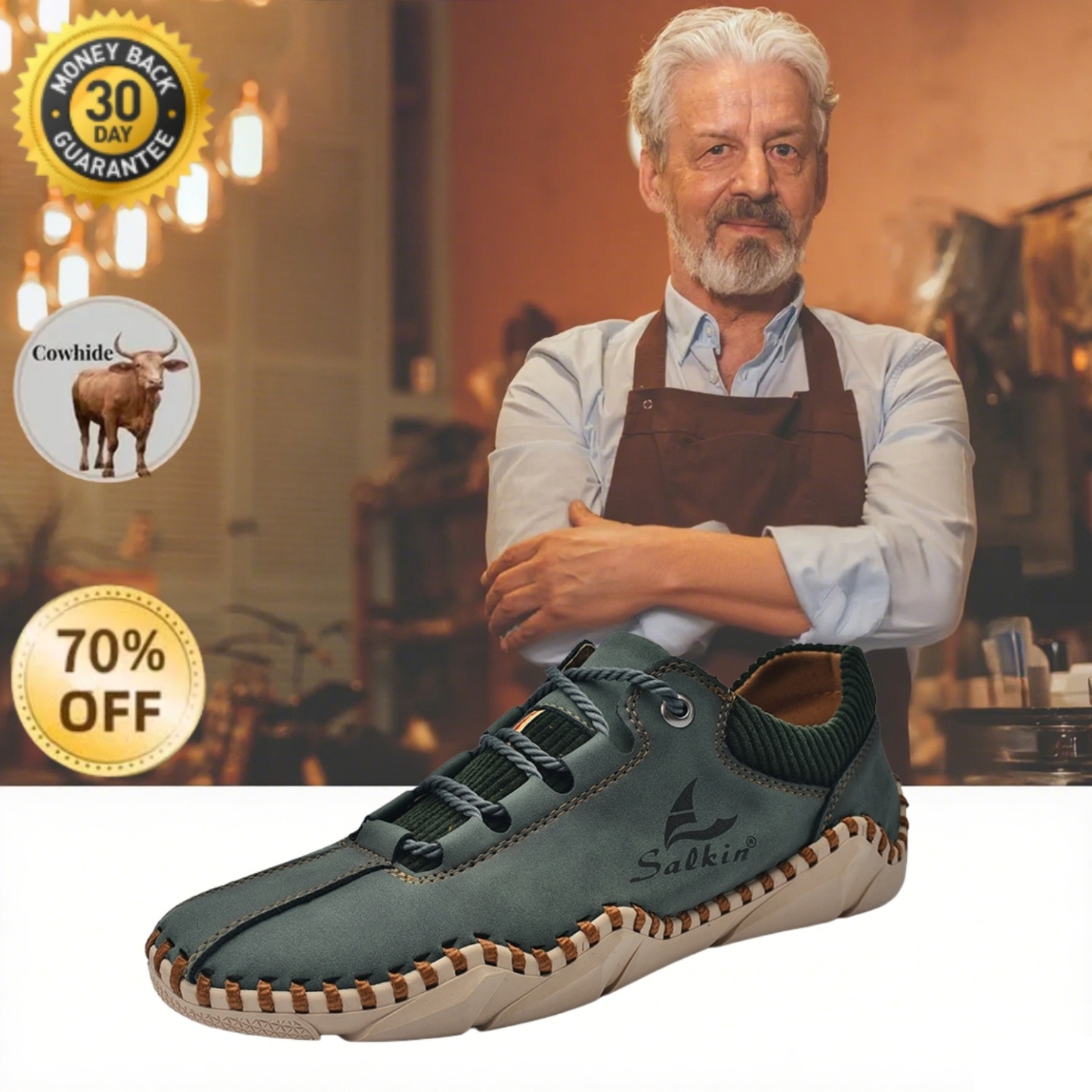 [Last Day 70% Off - Don't Miss Out] 🔥 Men's Calfskin Walking Shoes 👞 Hand-sewn ✅ Arch Support - Pain Relief for Comfortable Walking
