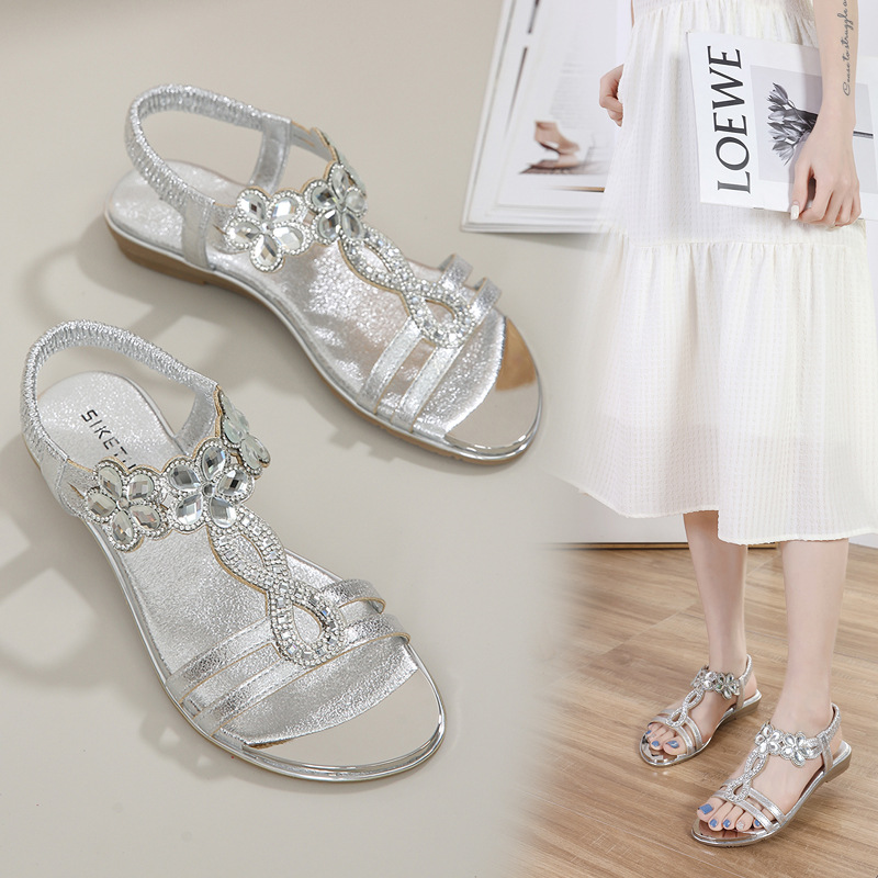Sandals Hollow Triangle Rhinestone Sandals Soft Bottom Wedge Flat