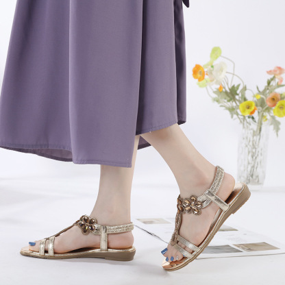 Sandals Hollow Triangle Rhinestone Sandals Soft Bottom Wedge Flat