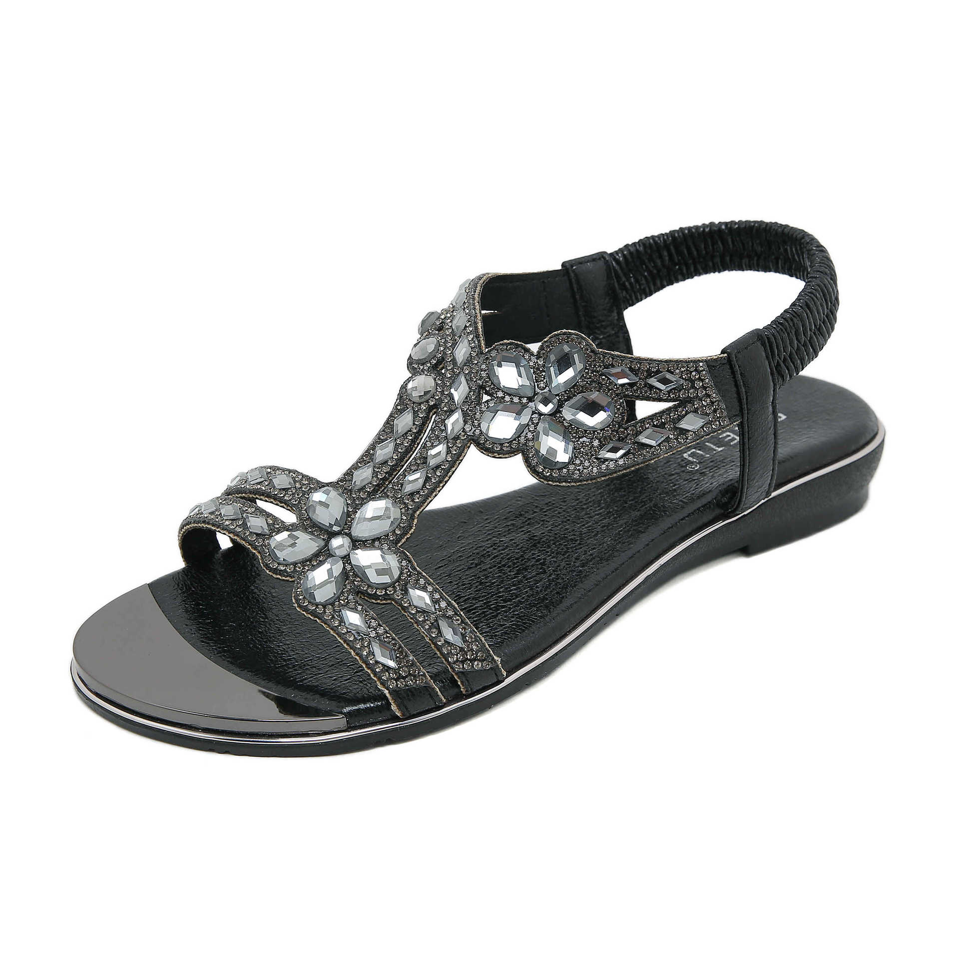 Sandals Hollow Triangle Rhinestone Sandals Soft Bottom Wedge Flat