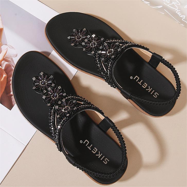 Women's Flat Sandals Ladies Thong Flat Sandals Bohemian Beaded Strap Sandals Diamante Rhinestone Leather Sandals