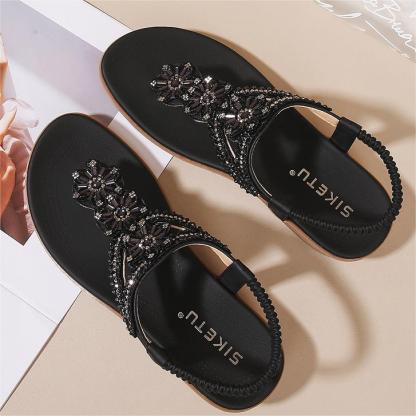 Women's Flat Sandals Ladies Thong Flat Sandals Bohemian Beaded Strap Sandals Diamante Rhinestone Leather Sandals