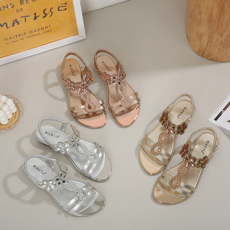 Sandals Hollow Triangle Rhinestone Sandals Soft Bottom Wedge Flat