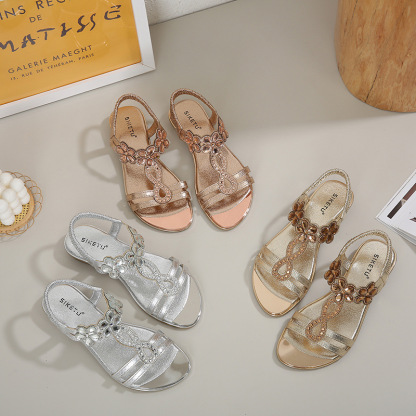 Sandals Hollow Triangle Rhinestone Sandals Soft Bottom Wedge Flat