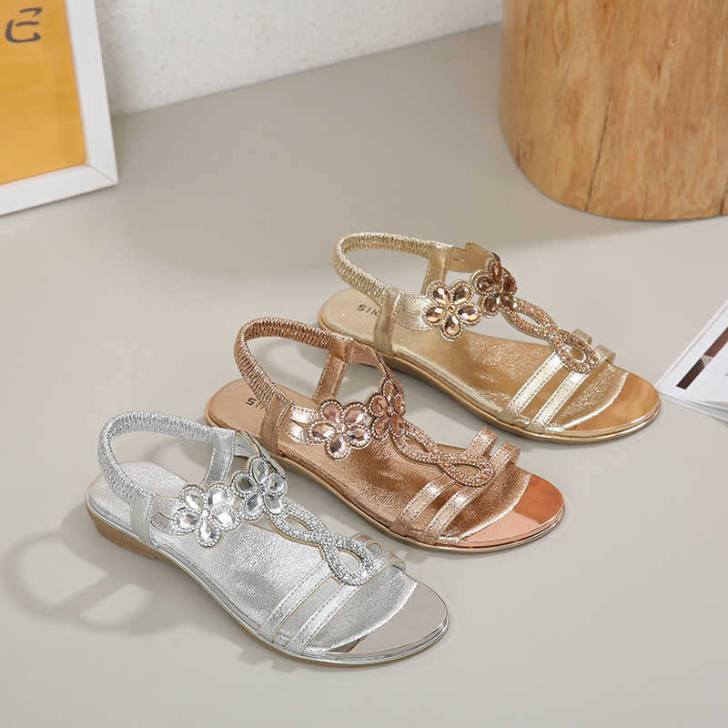 Sandals Hollow Triangle Rhinestone Sandals Soft Bottom Wedge Flat
