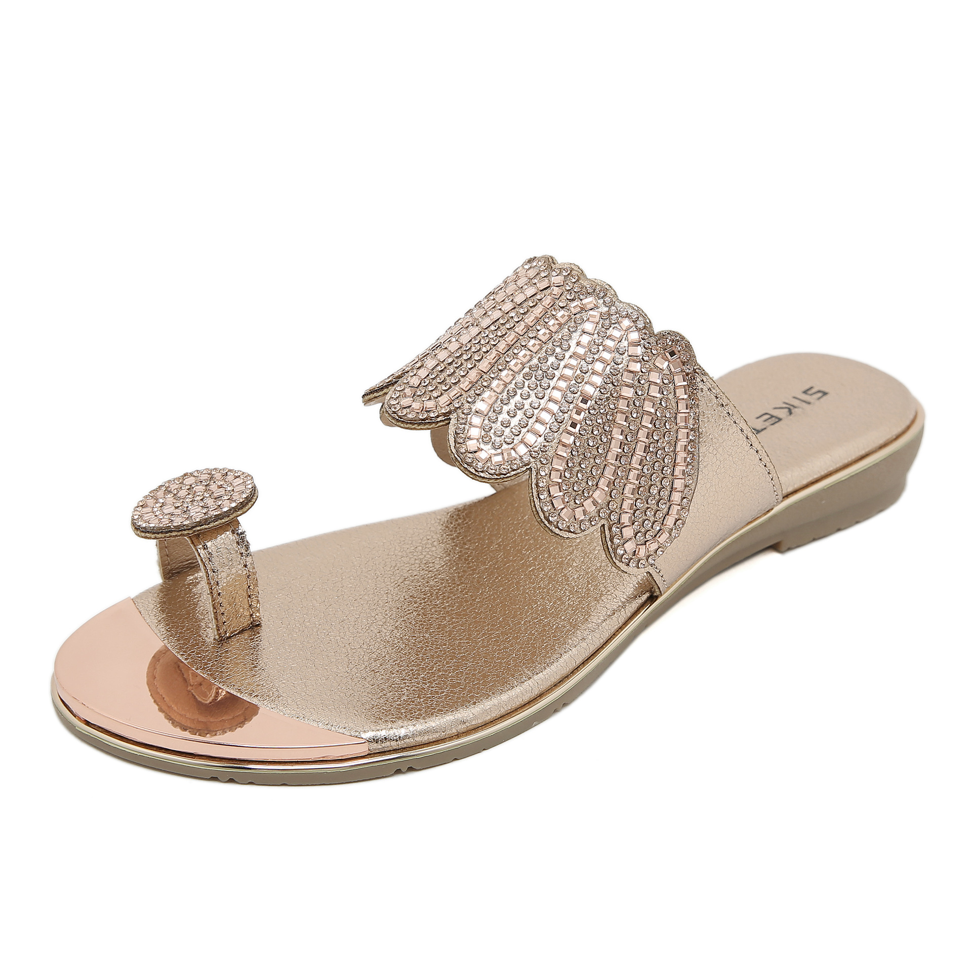 Sandals Hollow Triangle Rhinestone Sandals Soft Bottom Wedge Flat