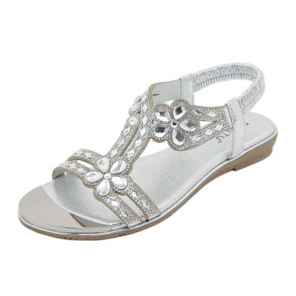 Sandals Hollow Triangle Rhinestone Sandals Soft Bottom Wedge Flat