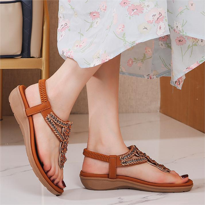 Women's Flat Sandals Ladies Thong Flat Sandals Bohemian Beaded Strap Sandals Diamante Rhinestone Leather Sandals
