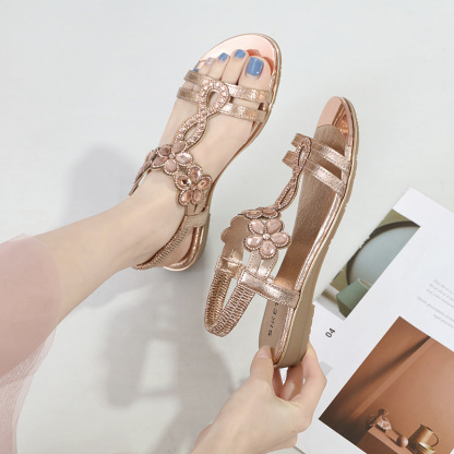 Sandals Hollow Triangle Rhinestone Sandals Soft Bottom Wedge Flat