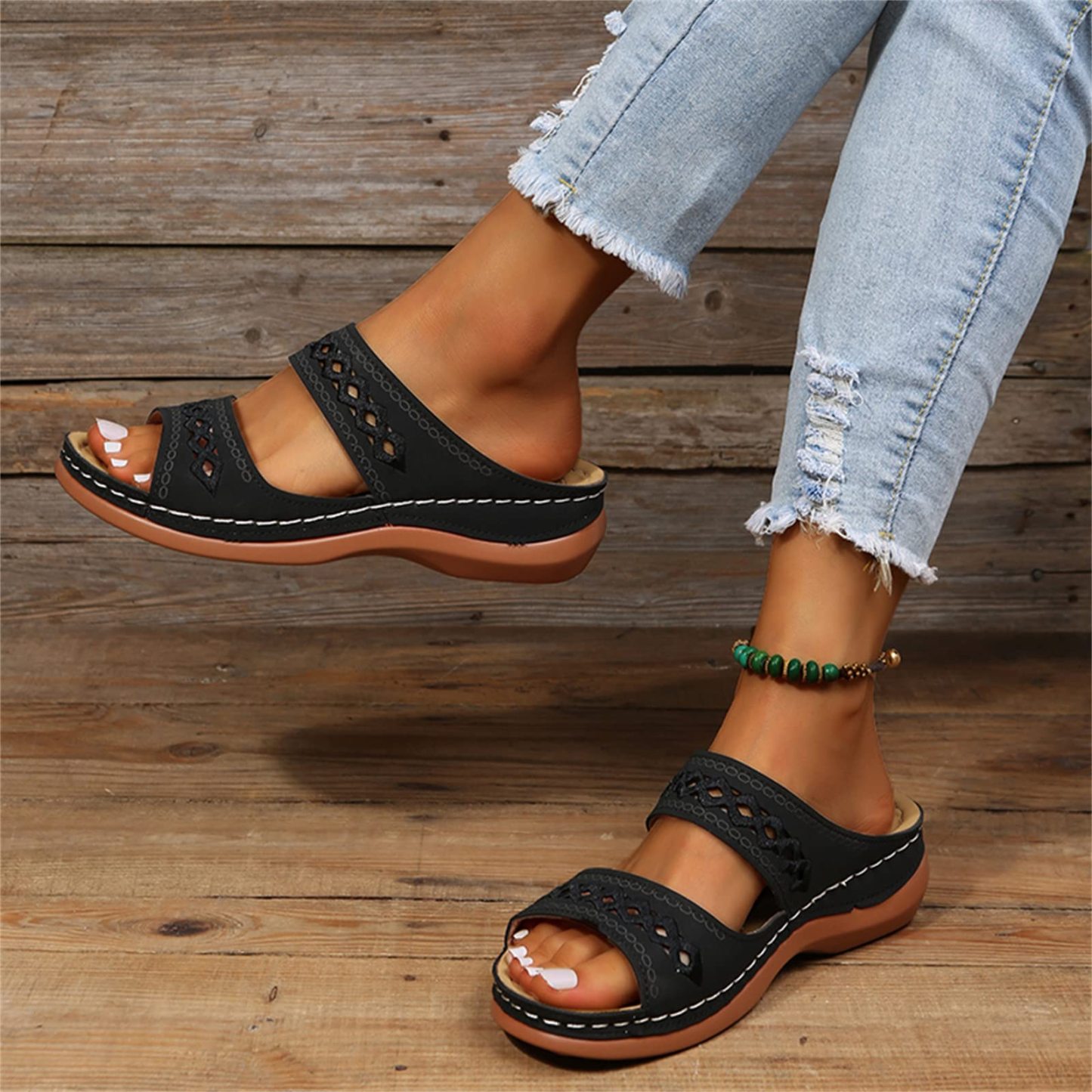 Leather Embroidery Arch-Support Women Soft footbed Sandals