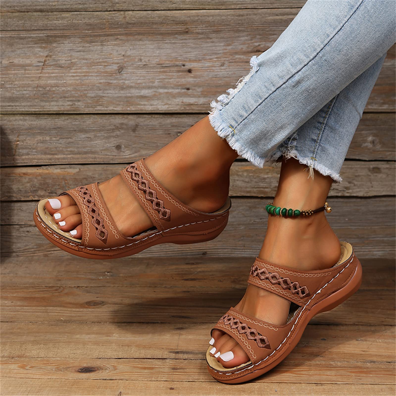 Leather Embroidery Arch-Support Women Soft footbed Sandals