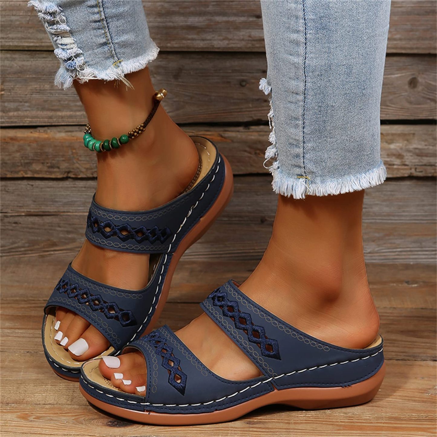 Leather Embroidery Arch-Support Women Soft footbed Sandals