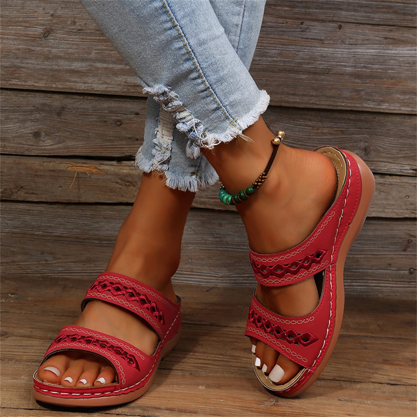 Leather Embroidery Arch-Support Women Soft footbed Sandals